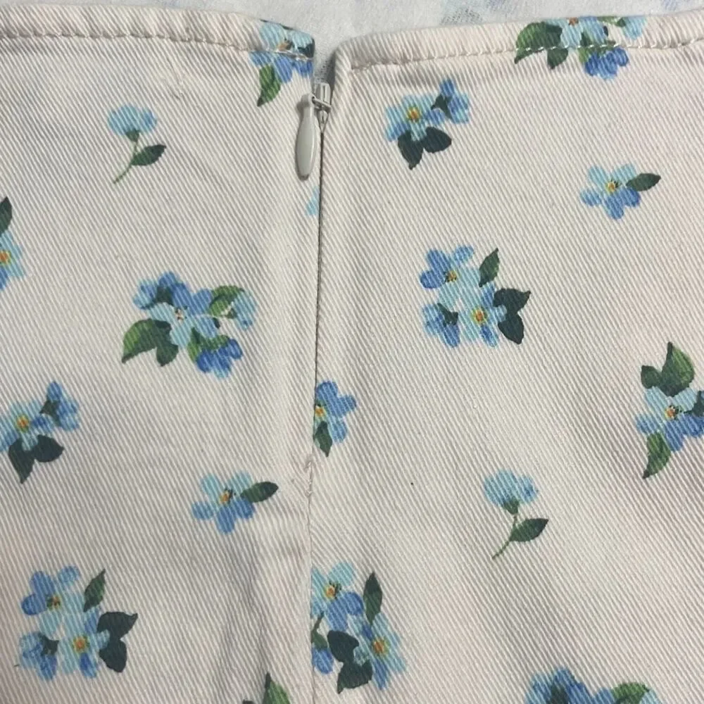 Revolve Weworewhat Ivory Blue‎ Floral Cut Out Belted Mini Denim Skirt Large NWT